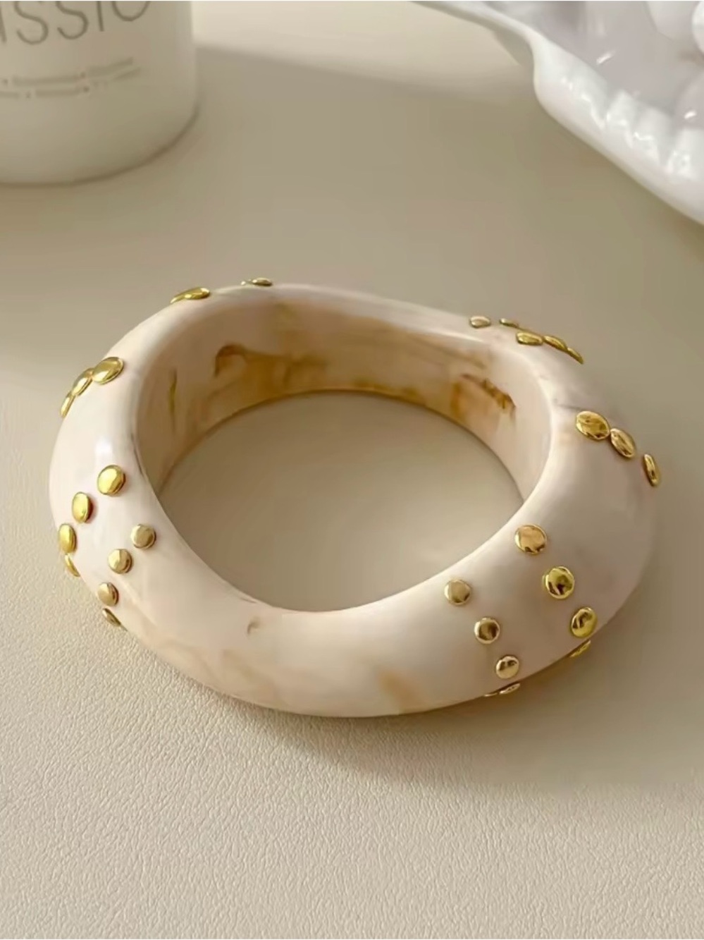 Ivory Resin Bangle with Gold Stud Accents